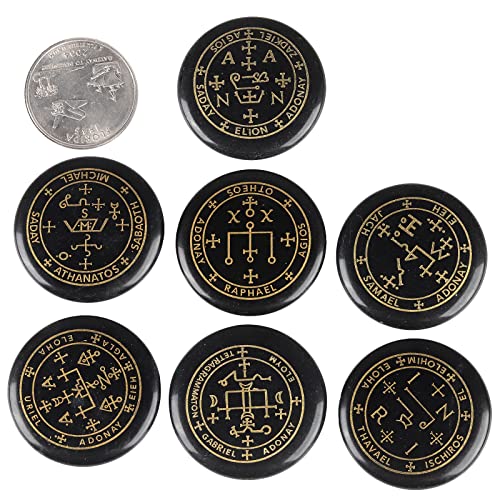 mookaitedecor 7 Piece Stones with Engraved Magic Archangel Symbol Black Black Agate