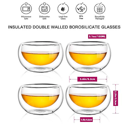 CNGLASS Tea Cups Set of 4 Double Wall Glass Tea Cup, 5.1oz Asian Insulated Clear Teacups 150ML,Small Espresso Cup for Coffee (Pack of 2) 5.1 oz (150 ml) (Pack of 2)