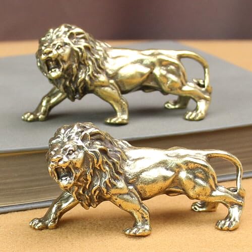 Feng Shui Retro Brass Lion Figurine Statue House Office Table Top Decoration Animal Figurines Toy for Collectibles Golden Housewarming Gift Living Room Bedroom Cabinets Mininature Craft Gift