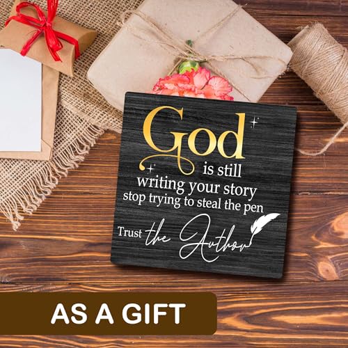 Black Christian Desk Decor, God is Still Writing Your Story Sign, Bible Verse Small Decor for Shelves, Inspirational Christian Gift for Woman Men, Religious Table Decorations-5''x5'' black gold