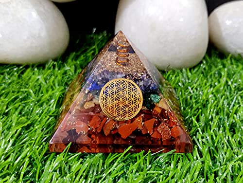 Seven Chakra Orgone Crystal Pyramid with Flower of Life Symbol for Reiki Healing, Chakra Balancing, Aura Cleansing, Energy Generator, Yoga Meditation Size: 60-70 MM
