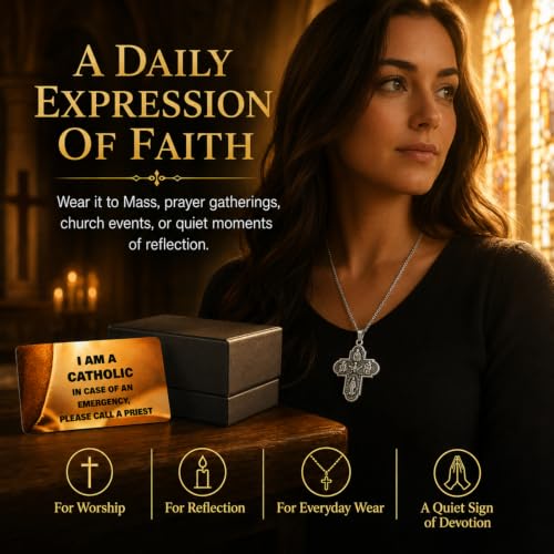 Catholic Four Way Scapular Medal Necklace with Alloy Cross Pendant, 20 Inch Stainless Steel Chain, Emergency Priest ID Card and Gift Box, Sacred Heart, St. Joseph, St. Christopher silver