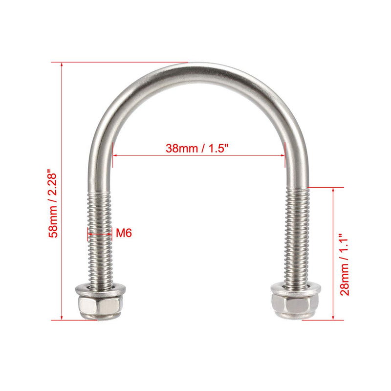 [Australia - AusPower] - uxcell u-bolts 4Pcs 1.5"(38mm) Inner Width 58mm Length M6 304 Stainless Steel Round U Bolt with Nuts Washers for Boat Trailer Axle M6x38x58mm 