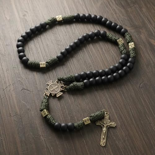 Nazareth Store Antique Bronze Metal Rugged Durable Paracord Rosary Necklace Black Matte Prayer Beads with Saint Medal and Crucifix St benedict & St benedict cross