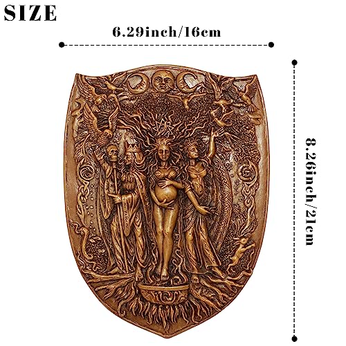 Pinra Triple Moon Wall Decor Pagan Wiccan Triple Goddess Maiden Mother Crone Shield Statue Celtic Wall Art Irish Feminism Gods Hanging Shield Wall Plaque Sculpture Khaki