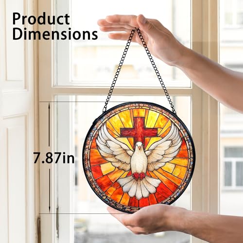 TNUW Christian Cross Bird Stained Glass Window Hanging, Cross Pigeon Bird Sun Catchers Indoor Window Glass Round Wall Art Decor, Religious Christian Wall Hanging Decorations, 7.9＂x7.9＂