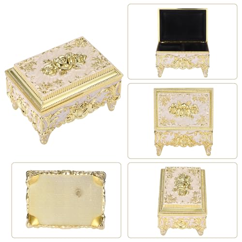 ELLDOO Vintage Music Box, Beige Metal Musical Jewelry Box Keepsake Box, Small Trinket Jewelry Storage Box Gift for Girl Women (Tune: You are My Sunshine), Gold Rose Pattern