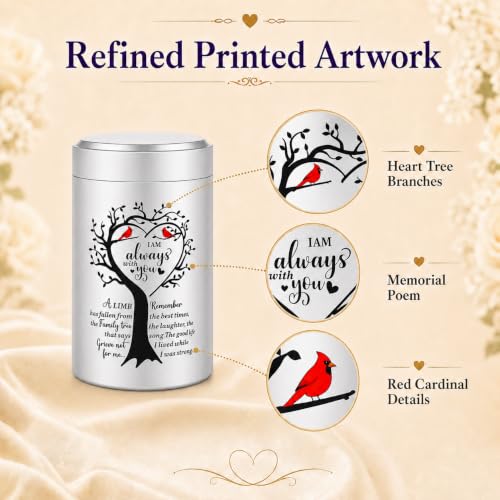 Set of 2 Small Urns for Human Ashes Keepsake, 3.62 Inch Mini Cremation Urns for Human Ashes, Memorial Funeral Sharing Keepsake Urns Set with Two Cardinal Birds, Silver 2 Pack - Heart-Silver