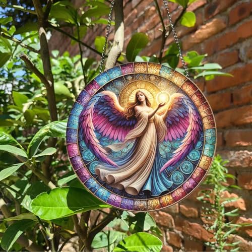 Angel Stained Window Hangings with Chain– Acrylic Round Ornament for Garden, Patio and Indoor Decor, Housewarming Gift for Mom, Grandma
