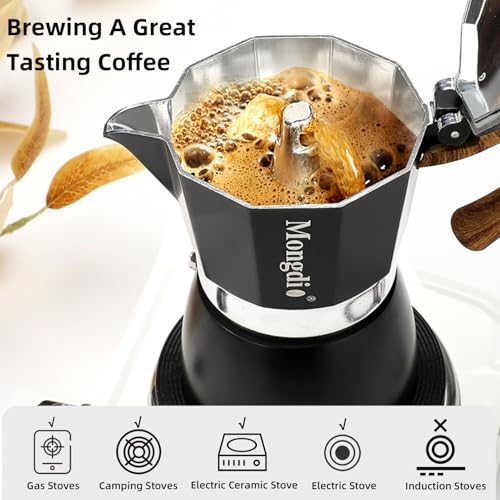 Mongdio Stovetop Espresso Maker Moka Pot, Cuban Coffee Maker Stove top coffee maker Moka Italian Espresso Greca Coffee Maker Brewer Percolator, 6 Espresso Cups, 10 oz - Black 6 cup