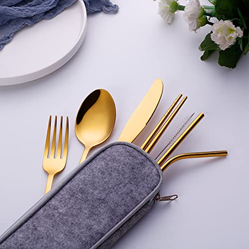 Reusable Travel Utensil Set With Case (Gold), Travel Cutlery Set, Portable Camping Silverware Set, Portable Stainless Steel Flatware Set 8-Piece, Dishwasher-Safe Gold