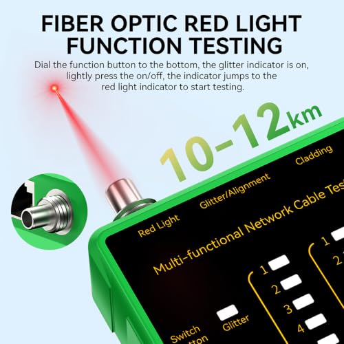 BoltBlaze green network cable tester and VFL fiber optic tool with RJ45 Ethernet cable testing ports