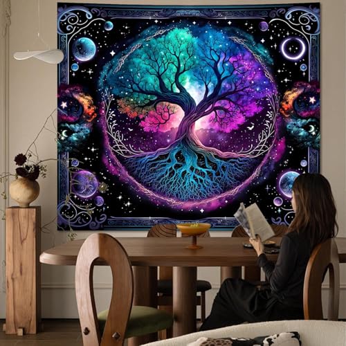 FENDROM Moon Phase Tree of Life Tapestry Moon And Sun Boho Spiritual Aesthetic Wall Hanging Backdrop Blanket for Bedroom Living Room Dorm Decor Blue 59"L x 51"W