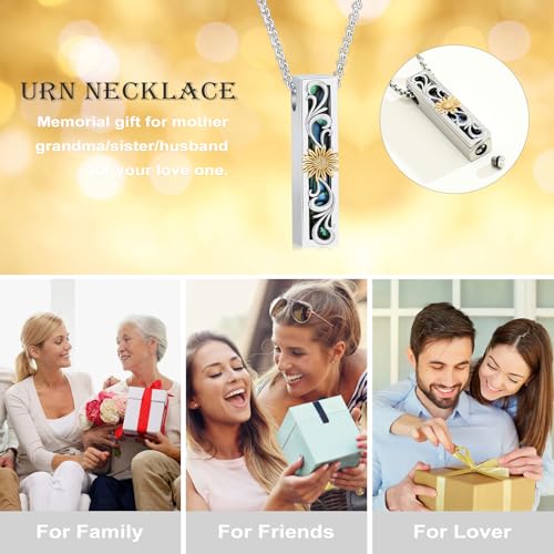 Abalone Shell Urn Necklace for Women Men Tree of Life/Sunflower/Mountain Cremation Jewelry for Ashes Bar Urn Pendant Cremation Ashes Necklace Keepsake Loved Ones Memorial Gift Gold-Sunflower