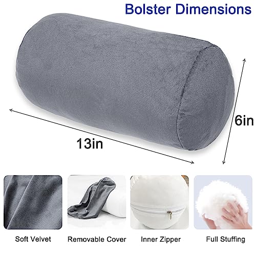 1 MIDDLE ONE Round Cylinder Bolster Pillow with Removable Velvet Cover, Tube Roll Cervical Pillow for Head, Neck, Back and Legs Support, 13" x 6", Grey 13 inch
