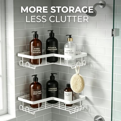 2 Pack L-Shaped Corner Shower Caddy, Rustproof Stainless Steel Adhesive Shower Shelf with Hooks, No Drill Wall Mounted Bathroom Organizer, Shampoo, Soap & Accessories Holder for Shower Storage, White 2
