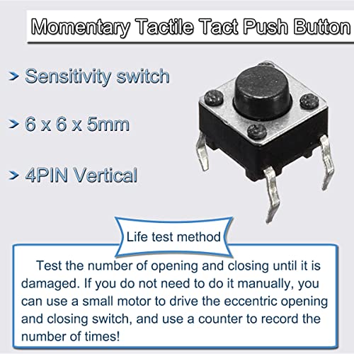 Miniature Micro Switch, 4 Pin Tactile Push Button 6 x 6 x 5 mm Momentary Tactile Button Switch Touch Electronic Components, for Panel PCB (Pack of 100) 4 Pin 6x6x5 Tactile Push Switch