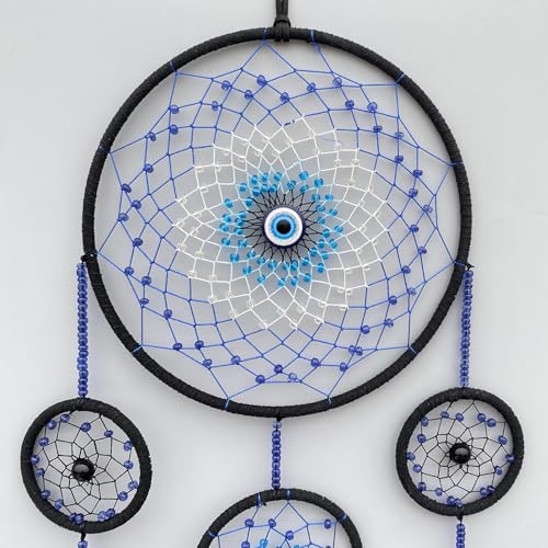 Blue Evil Eye Dream Catcher Wall Decor, Jiyamony Dreamcatcher Hanging Pendant for Home Protection and Blessing Decor with a Car Accessories Evil Eye Charm Gift Blue