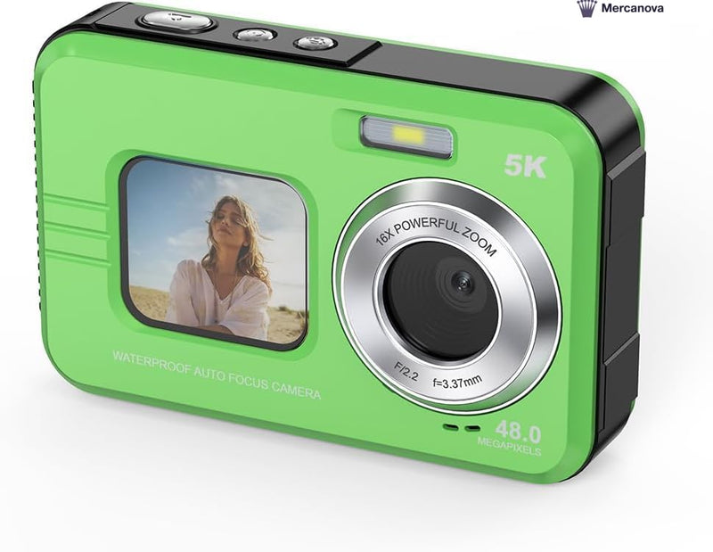 Mercanova 5K Underwater Camera, Waterproof, 48MP, Dual Screen, Green