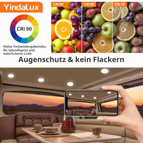 YindaLux 6x LED Recessed Spotlights 12 V DC White 3 W 3000 K Dimmable Hole 55-58 mm | 300 lm, warm white, 2 m cable, aluminium housing, round, spot for caravan, boat, kitchen, wardrobe, without transformer 3000K 6 Stück