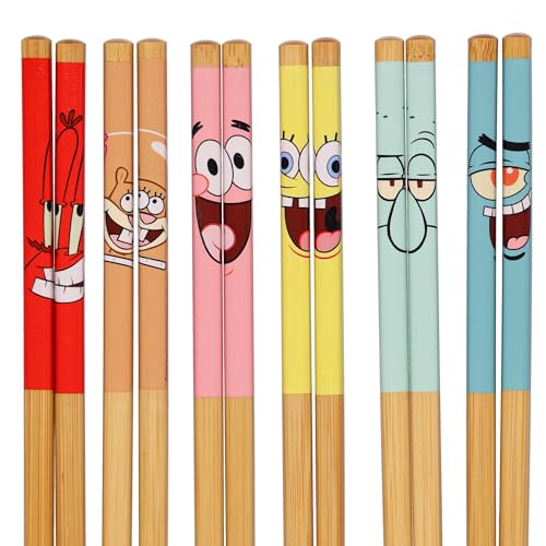 Nickelodeon SpongeBob SquarePants reusable chopsticks set with six pairs featuring Bikini Bottom character designs, 9.5 inches long.