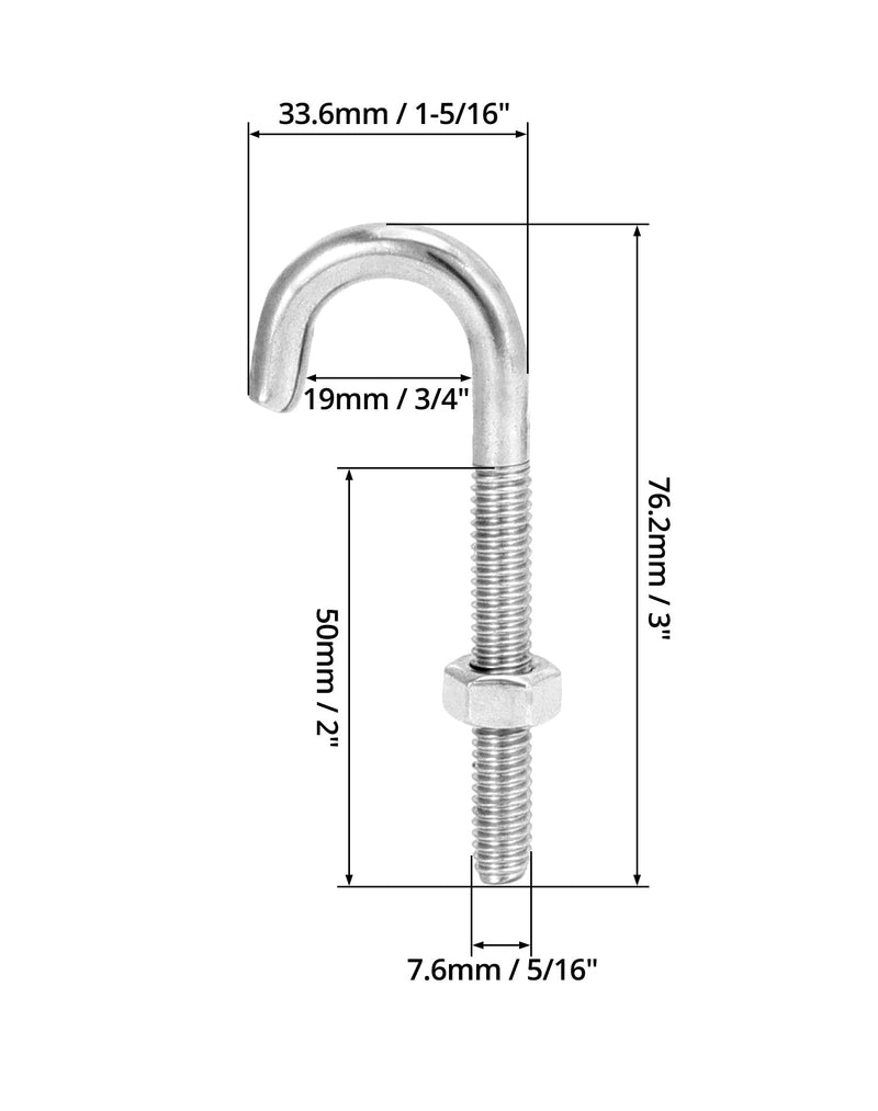 QWORK Steel J-Bolt with Nut, 5/16" x 3" Anchor Bolts, Pack of 10