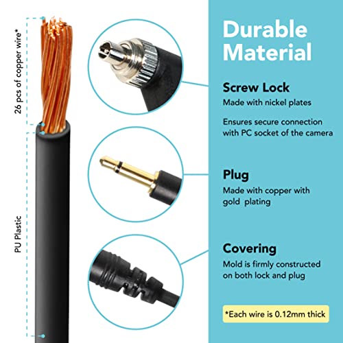 Foto&Tech 3.5 mm to Male Flash PC Sync Cable, 14 Inch Coiled Cord with Screw Lock, Compatible with Nikon Canon and Most DSLR Cameras PocketWizard Plus III Plus II Mini Phone PC1 (3 Pieces) (Pack of 2) 3 Pieces 14 Inch (Pack of 2)