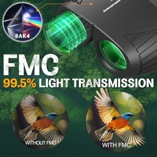 Aurosports Compact Binoculars for Adults & Kids - 15x25 High Power Binoculars with FMC Lenses & High Light Transmission Ultra Lightweight & Small Binos for Bird Watching Gifts for Men Women - Black