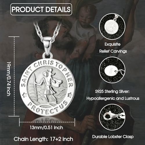 Sllaiss 925 Sterling Silver St Christopher Necklace with Adjustable Chain