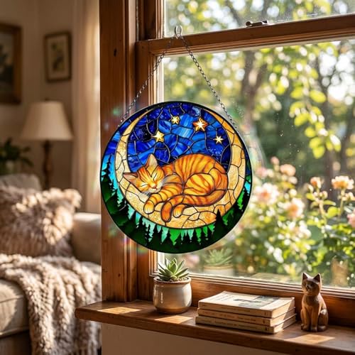 Stained Glass Suncatcher, Orange Sleeping Cat Moon Star Night Sky Catcher, 6-Inch Window Hanging Decor for Home Garden