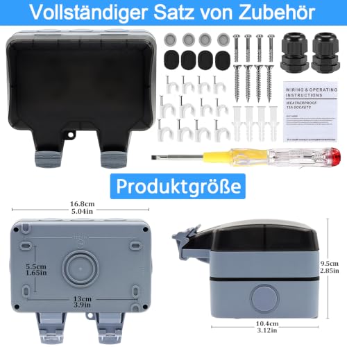 Outdoor Socket Waterproof 2-Way Outdoor Socket IP66 with Switch Indicator Light, Outdoor Socket Wall Socket Garden Socket with Lockable Hinged Lid for Garden Outdoor Wet Rooms 2-way external socket