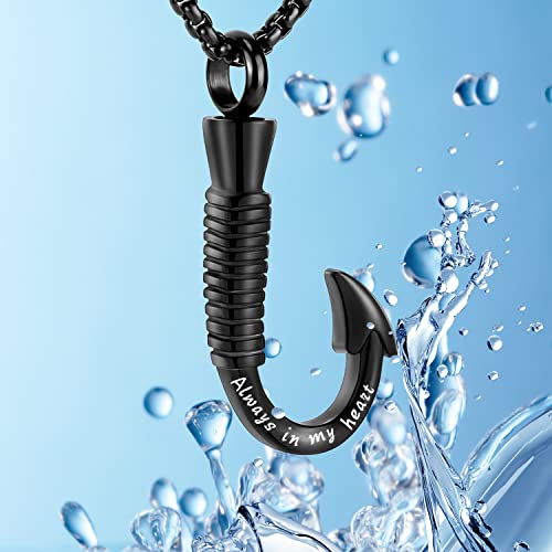 YOUFENG Fishing Hook Urn Necklace for Ashes Stainless Steel Cremation Jewelry Always in My Heart Ashes Necklaces Memorial Keepsake for Men Black