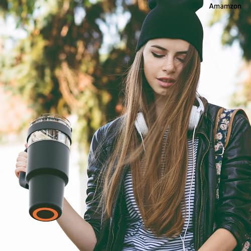 asobu Extra Large Travel Explorer Tumbler for Hot and Cold with Stainless Steel Removable Coffee Mug Sleeve - Straw and Flip Open Sip Spout, 34 oz / 25 oz (Black) Black