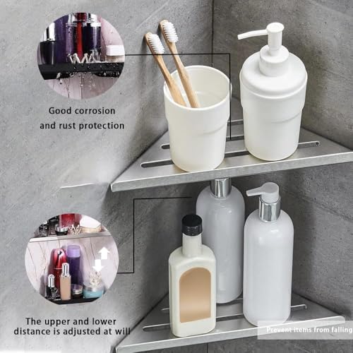 2 Pack Corner Shower Shelves - 304 Stainless Steel Bathroom Shower Caddy for Toilet, Dorm - No Drilling Required Brushed 2Pack
