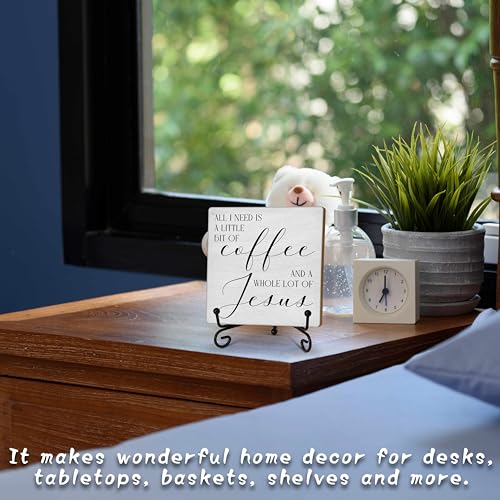 Farmhouse Coffee Bar Decor, All I Need Today Is A Little Bit of Coffee & A Whole Lot of Jesus Wooden Sign with Iron Stand, Christian Gifts for Home Kitchen Decor (A05)