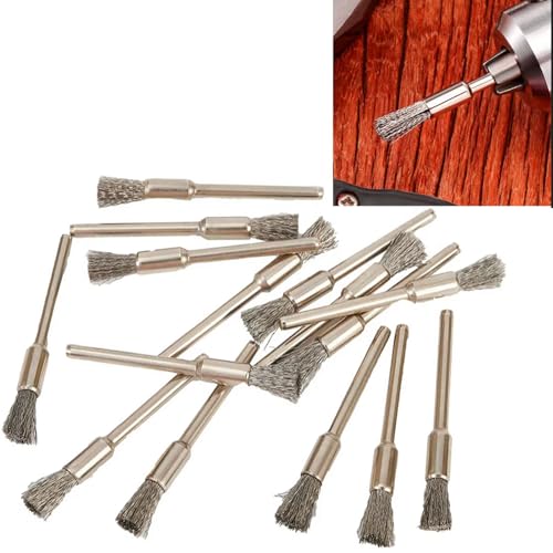 20 pieces stainless steel cleaning end brush pen, 1/8 inch (3 mm) x 1/5 inch (5 mm) metal rust removal, cleaning and polishing rotary tools