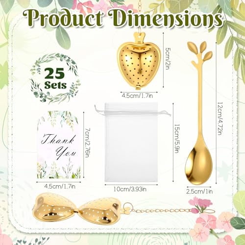 25 Sets Bridal Shower Tea Party Favor for Guests Heart Shape Infuser Ball Leaf Tea Spoon for Loose Teas with Thank You Cards Organza Bag Wedding Souvenir Teas Party Decorations (Gold)