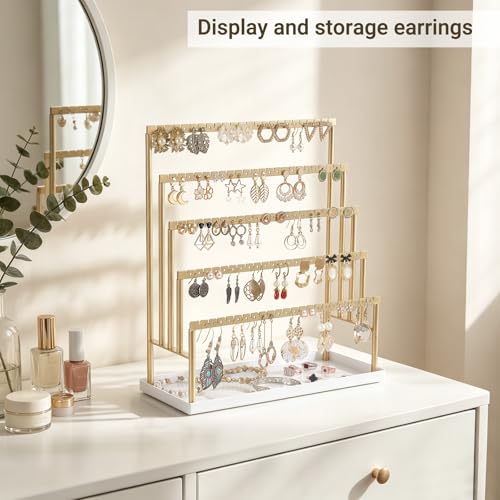 Mkono 5-tier gold jewelry stand with earring holder and tray for organizer and display of earrings and small jewelry pieces