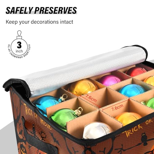 YETTASBIN Halloween Pumpkin Large Christmas Ornament Storage Box with Zipper & Adjustable Dividers, Storage Container with Lid & Handles for 64 Holiday Ornaments 3-Inch, 13 x 13 Inch