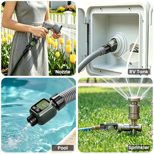 Water Flow Meter, ±5% Accuracy, Built-in Brass Inlet, 4 Measurement Modes, US Gallon/Liter Consumption & Flow Rate for Garden Hose, Lawn Sprinkler, Caravan Water Tank Filling, Spray Nozzle