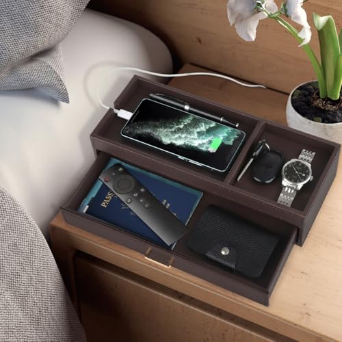 HofferRuffer Valet Jewelry Tray Organizer with Drawer, Faux Leather Storage Catchall Box Phone Charging Station Tray with Dresser Nightstand Desktop Drawer Organizer (Dark Brown) Dark Brown