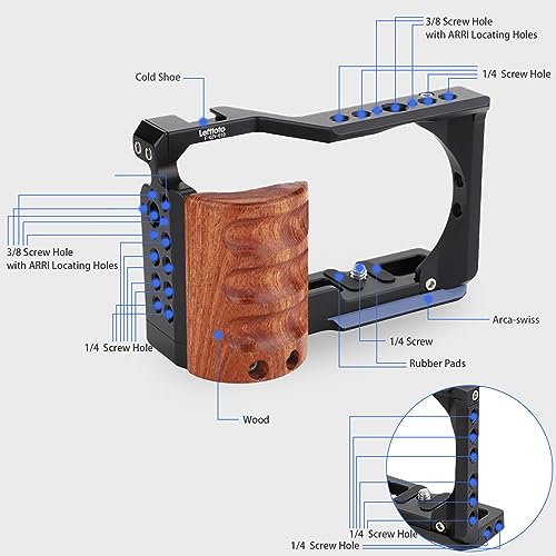 Leftfoto Upgrade Metal Cage with Wood Handle for Sony Alpha ZV-E10 Video Shooting Accessories, Cold Shoe Mic/Light Extension Video Cage Filming Vlog Camera Kit
