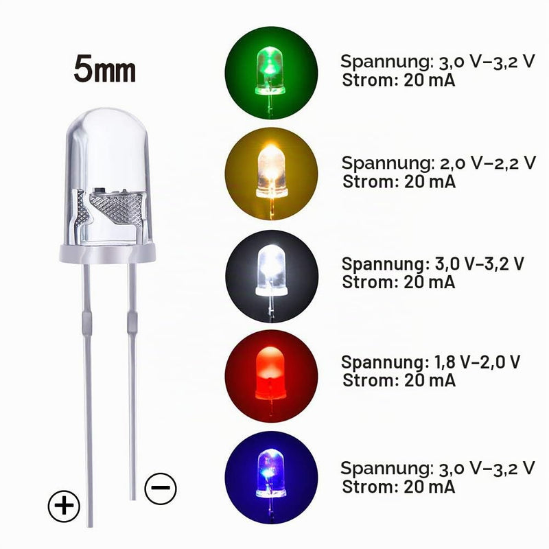 YIXISI 600 pieces 5 mm LED light emitting diode set, round head LED, 5 colors (120 pieces of each color), white, red, yellow, green, blue 5 Mm - 5 Colors - 600 Pieces