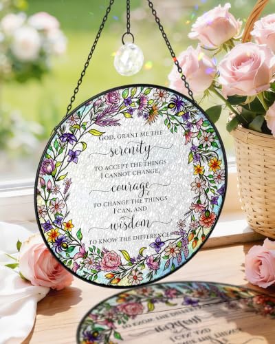 7.8" Serenity Prayer Floral Stained Glass Window Hanging God Serenity