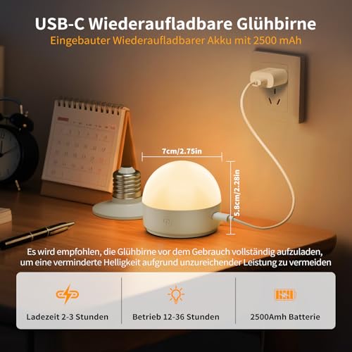 Pack of 2 Rechargeable Light Bulbs with Battery, E27 LED, 3 Colours, Dimmable | Removable battery bulb with remote control and timing for non-wired decoration lamps 2 Stück