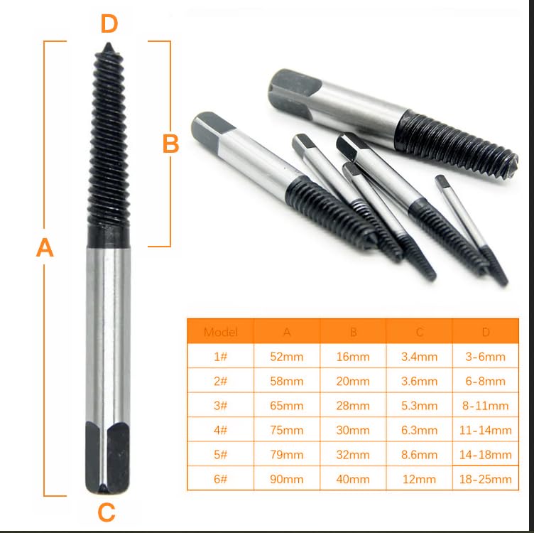 [Australia - AusPower] - 6PCs Damaged Screw Extractor Kits, Chrome-vanadium Steel Stripped Screw Extractor Broken Bolt Extractors Kit, Easy Out Damaged Bolts Remover Tool 