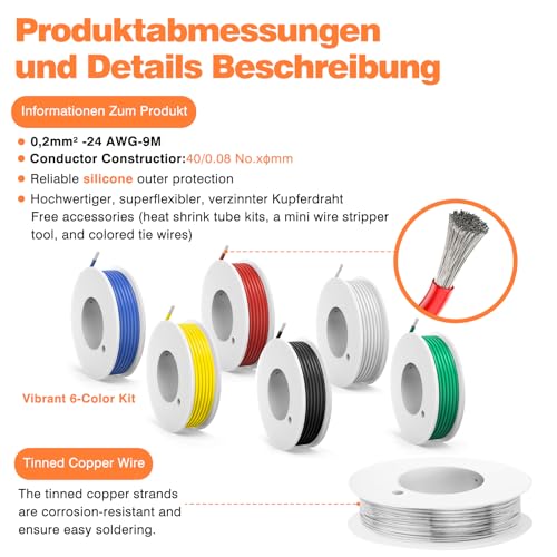 24AWG 0.2 mm² Silicone Braid Set, 6 Colours, 9 m per Colour | Flexible electric cable: silicone wire made of tinned copper for electronics, model making, RC, LED and DIY 24AWG-Silikon-9m