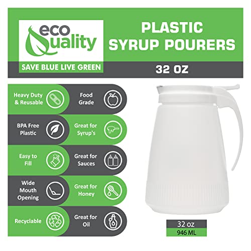 [3 PACK] EcoQuality 32oz Plastic Syrup Dispenser with Plastic Lid and Stainless Steel Slide Cover - Syrup, Sugar, Honey Dispenser - Perfect for Diners, Restaurants, Home, Office, Disposable (32 Ounce)