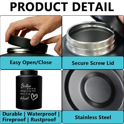 Brother Cremation Urn 5.9 x 3.9 Inch Black Large Stainless Steel Urns with Drawstring Bags Plastic Spoon Polishing Cloth Heart Cremation Human Ashes Keepsake for Memorial Funeral Decor