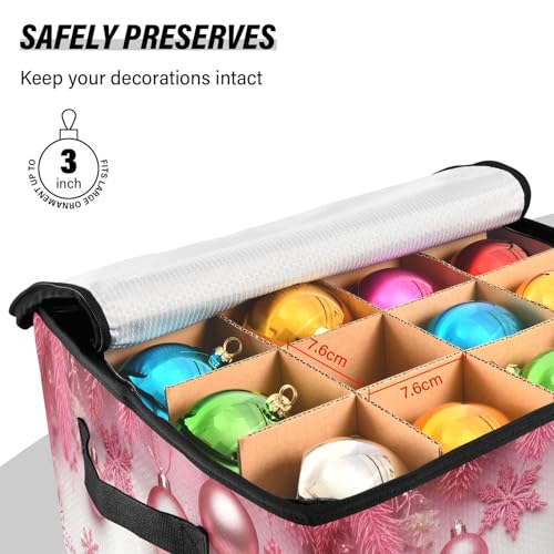 Merry Christmas Pink Christmas Ornament Storage Box with Dividers, Holds up to 64-3" Holiday Ornaments, Collapsible Xmas Decoration Container with Lid & Handles, 13x13 Inch
